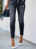 Rose's Boutiqe All About Women Kadın önü Düğmeli Eskitme Slim Fit Antrasit Kot Pantolon
