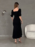 Rose's Boutiqe All About Women Kadın Dalgıç Kumaş Kare Yaka Eteği Fırfırlı Midi Boy Elbise