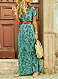 Rose's Boutiqe All About Women Kadın Kısa Kollu V Yaka Etnik Desenli Yırtmaç Detay Süprem Elbise (kemersiz)