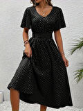 Rose's Boutiqe All About Women Kadın Kısa Kollu Beli Gipeli Puantiyeli Midi Süprem Elbise