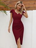 Rose's Boutiqe All About Women QKadın Kısa Kollu Kalp Yaka Yanlardan Büzgü Detay Midi Ithal Krep Elbise