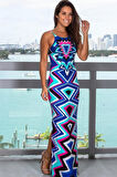 Rose's Boutiqe All About Women Kadın Askılı Geometrik Desen Yırtmaçlı Dalgıç Elbise