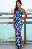Rose's Boutiqe All About Women Kadın Askılı Geometrik Desen Yırtmaçlı Dalgıç Elbise