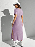 Rose's Boutiqe All About Women Kadın Kısa Kollu Bisiklet Yaka Yırtmaç Detay Fitilli Kaşkorse Tam Boy Elbise