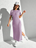 Rose's Boutiqe All About Women Kadın Kısa Kollu Bisiklet Yaka Yırtmaç Detay Fitilli Kaşkorse Tam Boy Elbise