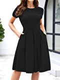 Rose's Boutiqe All About Women Kadın Kısa Kollu Bisiklet Yaka Pileli Midi Krep Elbise