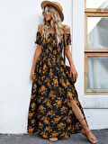 Rose's Boutiqe All About Women Kadın Kısa Kollu Madonna Yaka Yırtmaçlı çiçek Desenli Süprem Elbise