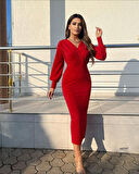 Rose's Boutiqe All About Women Kadın Uzun Kollu Kruvaze Yaka Büzgü Ve Balon Kol Detay Simli Krep Kumaş Maxi Boy Elbise