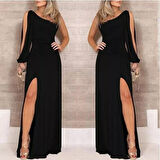 Rose's Boutiqe All About Women Tek Omuz Açık Derin Yırtmaçlı Krep Tam Boy Elbise