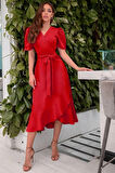 Rose's Boutiqe All About Women Kadın Kruvaze Yaka Midi Boy Kuşaklı Krep Elbise 120 Cm