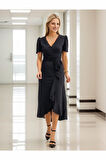 Rose's Boutiqe All About Women Kadın Kruvaze Yaka Midi Boy Kuşaklı Krep Elbise 120 Cm
