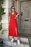 Rose's Boutiqe All About Women Kadın Kısa Kollu V Yaka Maxi Boy Elbise 124 Cm