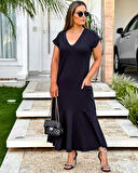 Rose's Boutiqe All About Women Kadın Kısa Kollu V Yaka Eteği Volanlı Cepli Viskon Elbise