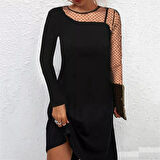 Rose's Boutiqe All About Women Kadınsiyah Uzun Kollu Boyun Ve Kol Puantiyeli Krep Elbise