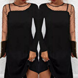 Rose's Boutiqe All About Women Kadınsiyah Uzun Kollu Boyun Ve Kol Puantiyeli Krep Elbise