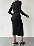 Rose's Boutiqe All About Women Kadın Uzun Kollu Bisiklet Yaka Yırtmaç Detay Büzgülü Kaşkorse Elbise