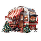 Kırmızı-Beyaz Çizgili Tenteli ve Noel Ağaçlı Karavan Duvar Çıkartması