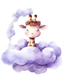 Yıldızlı Mor Bulut Üzerinden Bakan Sevimli Zürafa Duvar Çıkartması