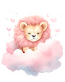 Kelebekli Pembe Bulut Üzerinde Uyuyan Pembe Yeleli Sevimli Aslan Yavrusu Duvar Çıkartması