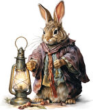 Kıyafetli ve Fenerli Tavşan Duvar Stickerı - Mor Tonlar