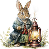 Kıyafetli ve Fenerli Tavşan Duvar Stickerı - Mavi Tonlar