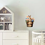 Mavi ve Turuncu Çiçekli Kovada Tavşan Duvar Stickerı