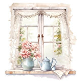 Pembe Çiçekli Vazolar ve Perde Detaylı Pencere Duvar Stickerı