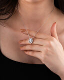 925 Ayar Rodyum Zirkon Taşlı Oval Anturaj Hareketli Ayarlanabilir Gümüş Kolye