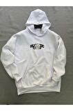 Realistic Baskılı Beyaz Erkek Kapüşonlu 3 iplik Şardonlu Ribanalı Sweatshirt Hoodie