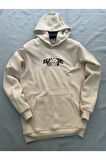 Realistic Baskılı Bej Erkek Kapüşonlu 3 iplik Şardonlu Ribanalı Sweatshirt Hoodie