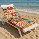 Retro Yaz Simgeleri Kareli Desenli Plaj Havlusu – Güneş Gözlüğü, Şemsiye ve Dondurma