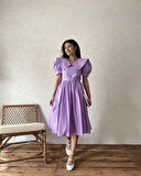 Lila Büyük Yakalı Kloş Poplin Elbise