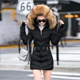 Barbora Kışlık Eldivenli Kapüşonu Kürklü Kadın Şişme Mont bt121siyah