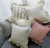 2'li Fırfırlı Çizgili Keten Kırlent Kılıfı, Kırmızı Çizgili