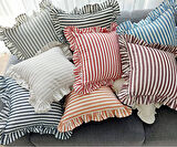 2'li Fırfırlı Çizgili Keten Kırlent Kılıfı, Kırmızı Çizgili