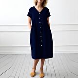 Barbora Keten Günlük Yazlık V yaka Kısa Kol Düğme Detaylı Kadın Elbise LN278lacivert8