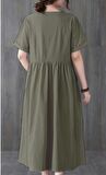 Barbora Keten Günlük Rahat V Yaka Beli Büzgü Detaylı Düğmeli Elbise LN04haki5