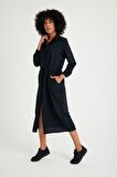 Barbora Keten Günlük Rahat Beli Bağcık Detaylı Uzun Kol Elbise LN07SİYAH8