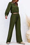 Keten Yazlık Yüksek Bel Pantolon Bluz İkili takım Alt Üst