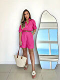 Keten Yazlık Uzun Kol Gömlek Şort İkili Fuşya Takım