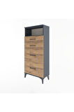 Arges Dolap Tek Raflı 4 Çekmeceli 60x30x134 Antrasit-Çam
