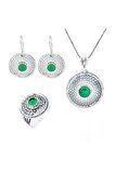 El Işi Yuvarlak Motifli Yeşim Taşlı Telkari Üçlü Set