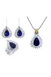El Işi Damla Motifli Safir Taşlı Telkari Üçlü Set