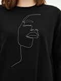 Bisiklet Yaka Baskılı Uzun Kollu Kadın Sweatshirt
