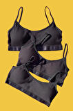 Kadın Fitilli Siyah İp Askılı Çıkarılabilir Pedli Büstiyer Yarım Atlet 3 Adet