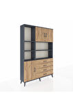 Arges Dolap 8 Raflı 4 Çekmeceli 3 Kapaklı 132x30x195 Antrasit-Çam/Çam