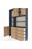 Arges Dolap 8 Raflı 4 Çekmeceli 3 Kapaklı 132x30x195 Antrasit-Çam/Çam
