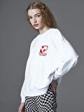 Bisiklet Yaka Baskılı Uzun Kollu Oversize Kadın Sweatshirt