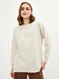 Bisiklet Yaka Nakışlı Uzun Kollu Oversize Kadın Sweatshirt Tunik