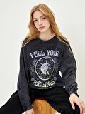 Bisiklet Yaka Baskılı Uzun Kollu Kadın Sweatshirt